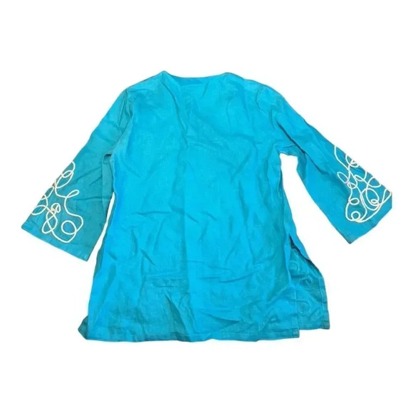 Lilly Pulitzer Turquoise Blue Linen Tunic Top With Applique Embroidery - Picture 5 of 12